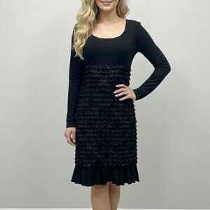 Vin Rouge Vintage Black Midi Dress Tiered Ruffle Long Sleeve Cocktail Size S